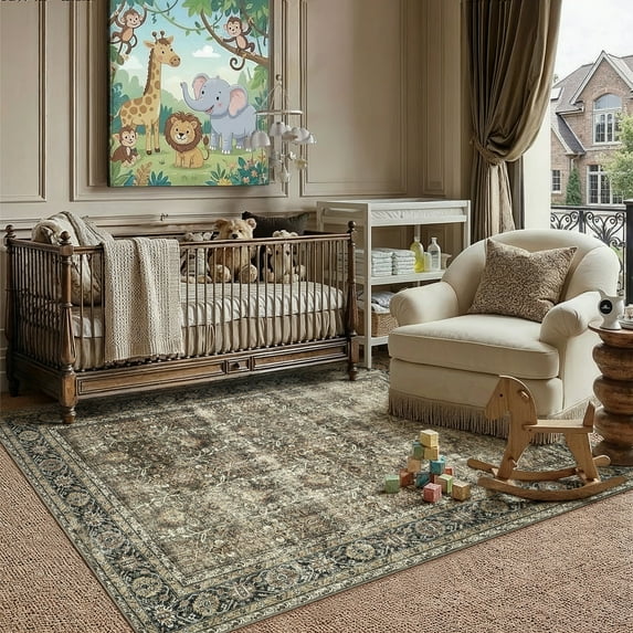 BERTHMEER 4'x6' Washable Area Rugs for Entryway Office indoor Traditional Oriental Distressed Rugs Non-slip, Brown