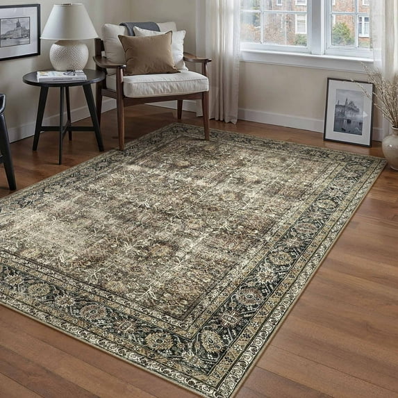 BERTHMEER 4'x6' Washable Area Rugs for Entryway Office indoor Traditional Oriental Distressed Rugs Non-slip, Brown
