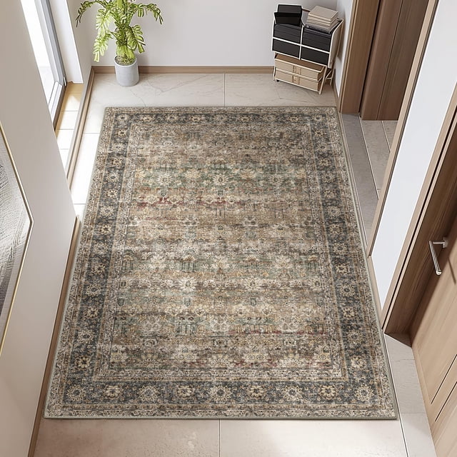 BERTHMEER 4'x6' Washable Brown Area Rugs for Living Room Bedroom Entryway Entrance Kitchen Rugs Non Slip Vintage Traditional Office Oriental Distressed Throw Rugs