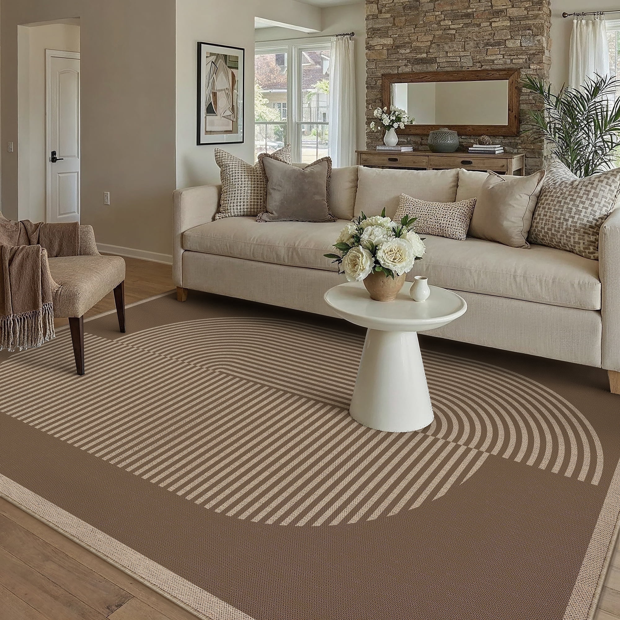 BERTHMEER 5'x7' Easy Jute Area Rugs, Washable Rugs for Living Room Farmhouse Neutral Carpet Non Slip Contemporary Geometric Stripes Brown Rugs for Office Bedroom Dining Room