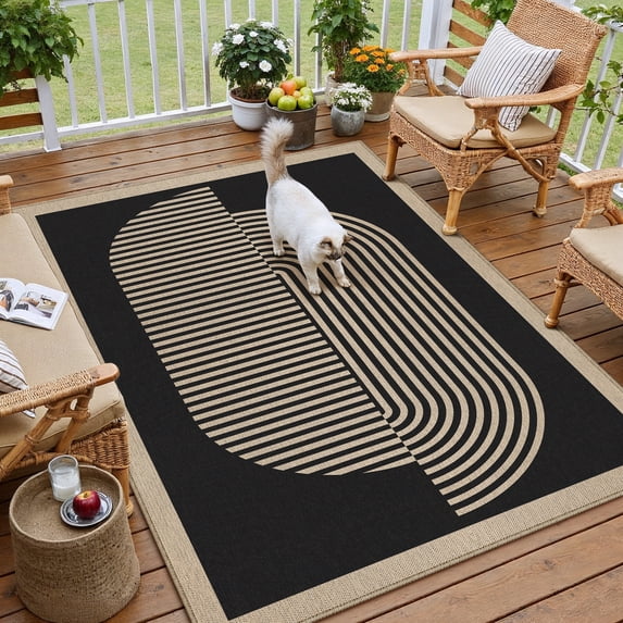 BERTHMEER 5'x7' Easy Jute Area Rugs, Washable Rugs for Living Room Farmhouse Neutral Carpet Non Slip Contemporary Geometric Stripes Black Rugs for Office Bedroom Dining Room