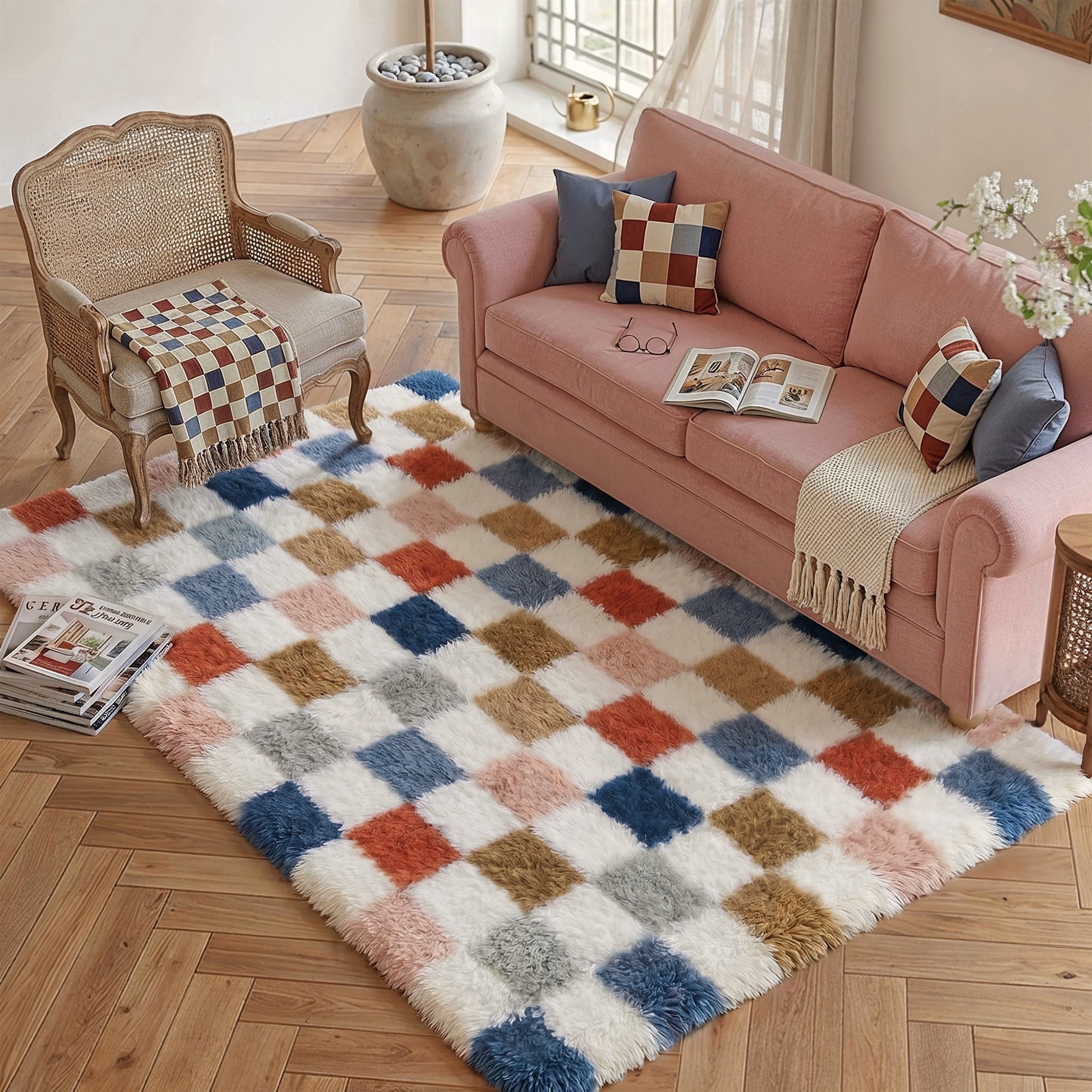 BERTHMEER 5'x7' Multicolor Fluffy Shag Area Rugs for Living Room Bedroom Ultra-Soft Geometric Modern Indoor Checkered Rugs Carpets