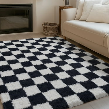 BERTHMEER 5'x8' Fluffy Checkered Area Rugs for Bedroom Living Room Dinning Room Soft Modern Geometric Plush Pile Ultra-Soft Rugs Carpets,Black White
