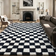 BERTHMEER 5'x8' Fluffy Checkered Area Rugs for Bedroom Living Room Dinning Room Soft Modern Geometric Plush Pile Ultra-Soft Rugs Carpets,Black White