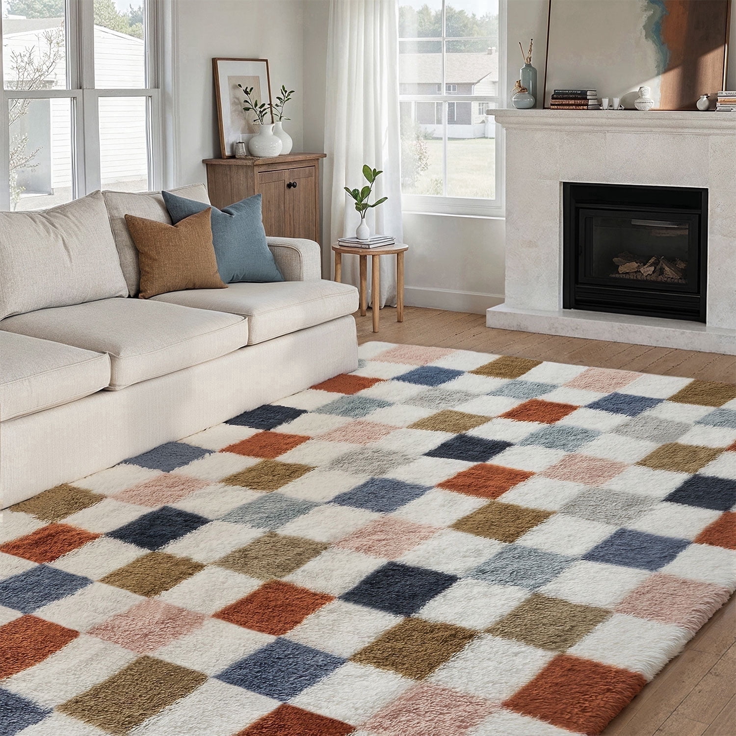 berthmeer 5'x8' shag area rugs for living room, fluffy soft rugs carpets for living room bedroom high-plie soft checkered rugs, multicolor