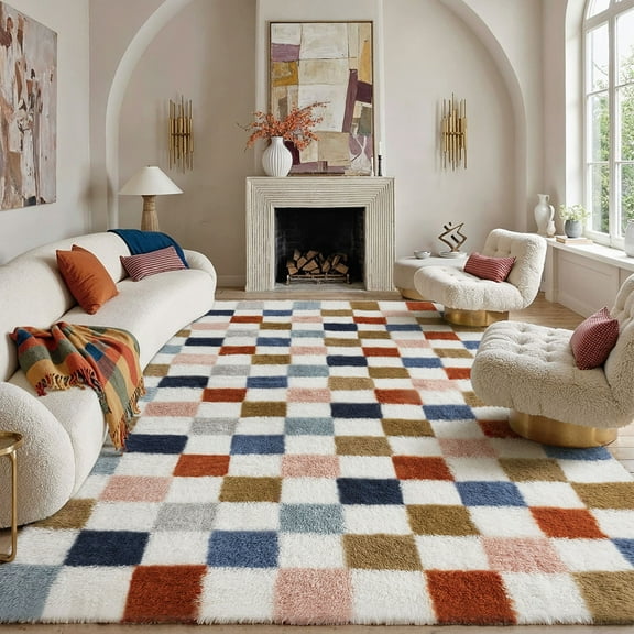 BERTHMEER 5'x8' Shag Ultra-Soft Area Rugs,Fluffy Rugs Carpets for Living Room Bedroom High-Plie Soft Checkered Rugs,Multicolor