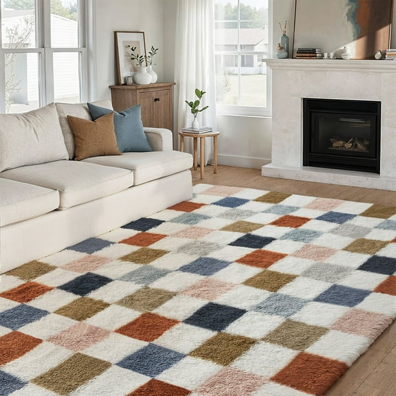 BERTHMEER 5'x8' Shag Ultra-Soft Area Rugs,Fluffy Rugs Carpets for Living Room Bedroom High-Plie Soft Checkered Rugs,Multicolor