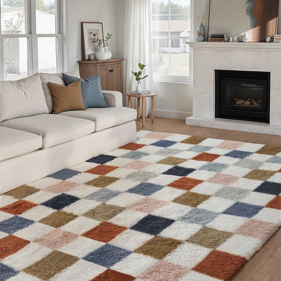 BERTHMEER 5'x8' Shag Area Rugs for Living Room, Fluffy Soft Rugs Carpets for Living Room Bedroom High-Plie Soft Checkered Rugs, Multicolor
