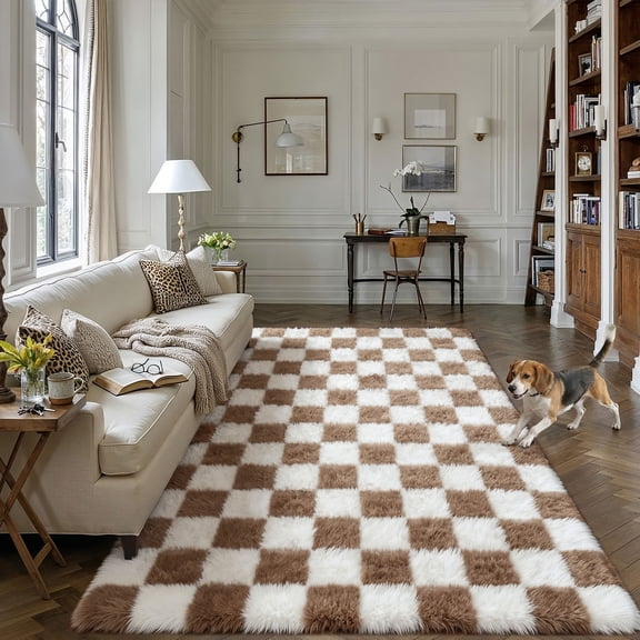 BERTHMEER 5'x8' Ultra-Soft Checkered Area Rugs Carpets for Bedroom Living Room Plush Pile Soft Geometric Modern Rugs Lightweight,Brown White
