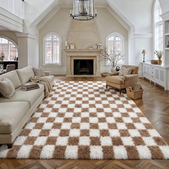 BERTHMEER 5'x8' Ultra-Soft Checkered Area Rugs Carpets for Bedroom Living Room Plush Pile Soft Geometric Modern Rugs Lightweight,Brown White