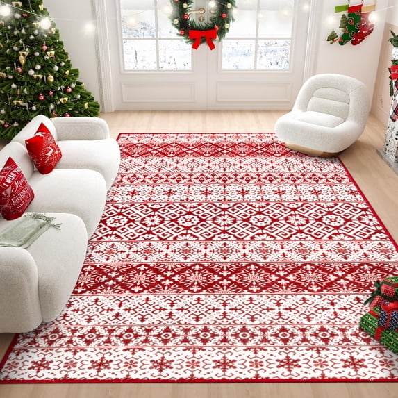 BERTHMEER 5'X7' Christmas Area Rug Washable Christmas Kitchen Rugs for Living Room Bedroom Dinding Room Office Dorm Laundry Snowflake and Xmas Tree Low Pile Soft Non-slip Rug,Red&White