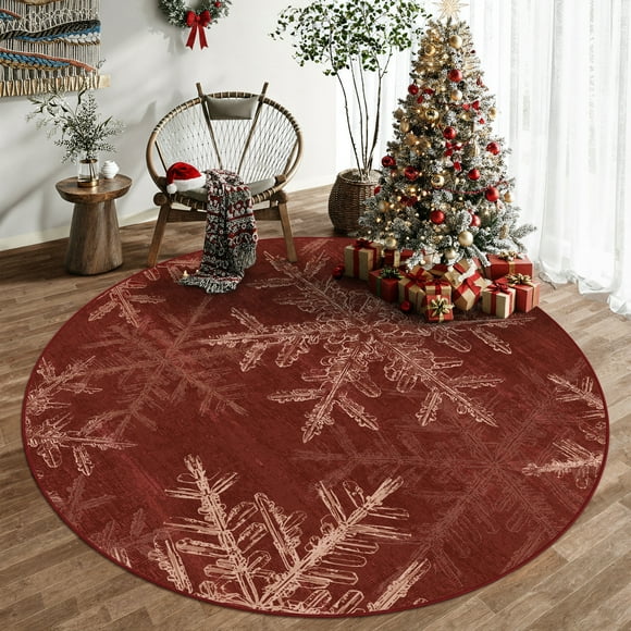 BERTHMEER 5'x5' Round Rug,5' Round Christmas Area Rug Red Christmas Snowflake Print Washable Rug Indoor Carpet Decorative Circle Rug Non Slip Soft Holiday Decor for Living Roon Kitchen Bedroom