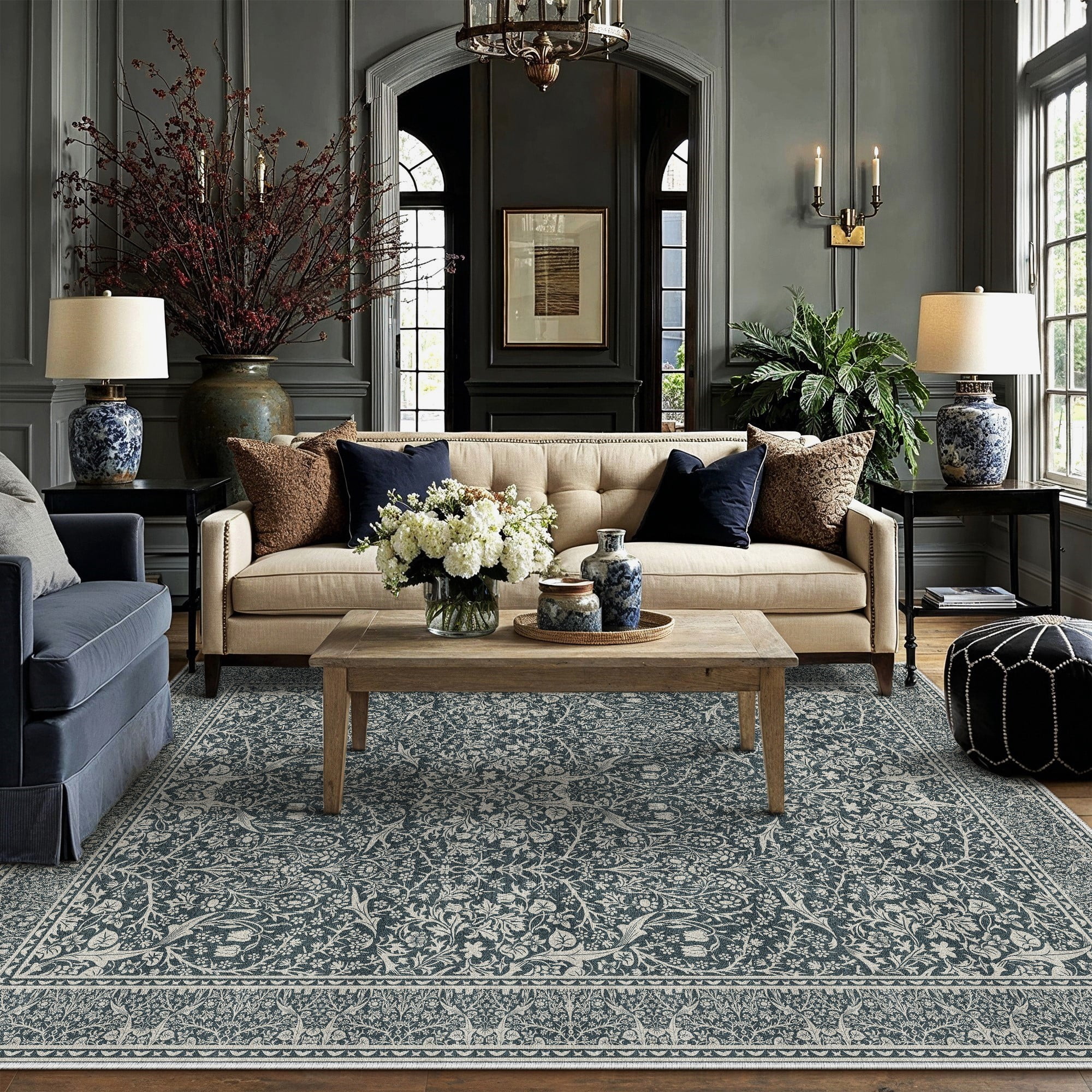 BERTHMEER 5'x7' Area Rugs for Dining Room Living Room Laundry Bedroom Farmhouse Office Rugs Machine Washable Non Slip Oriental Vintage Traditional Floral Indoor Carpets,Blue Green