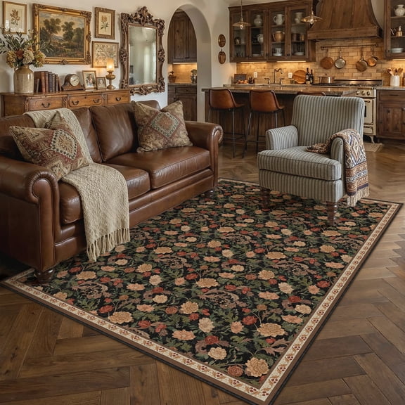 BERTHMEER 5'x7' Area Rugs for Dining Room Living Room Laundry Bedroom Farmhouse Office Rugs Machine Washable Non Slip Oriental Vintage Traditional Floral Indoor Carpets,Black