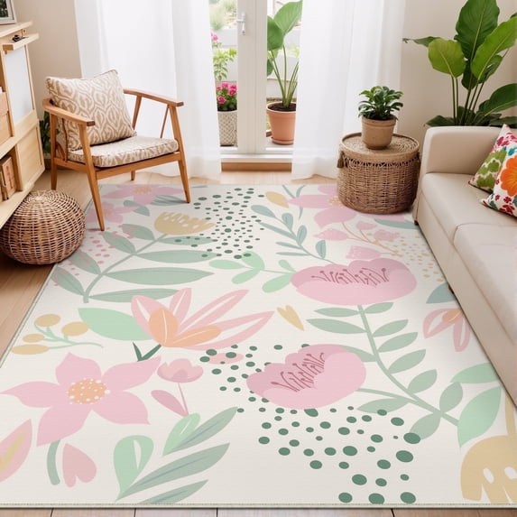 BERTHMEER 5'x7' Area Rugs for Living Room Bedroom Cute Soft Non Slip Washable Pink Multicolor Botanical Print Accent Rug for Dorm Farmhouse Floral Modern Throw Rugs
