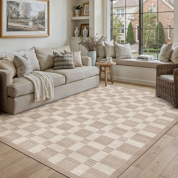 BERTHMEER 5'x7' Area Rugs for Living Room Bedroom Dining Room Farmhouse Kitchen Office Geometric Modern Rugs Machine Washable Non Slip Indoor Carpets,Beige