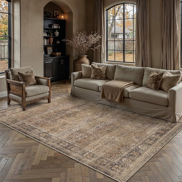 BERTHMEER 5'x7' Area Rugs for Living Room Bedroom Dining Room Kitchen Brown Rugs Non Slip Washable Farmhouse Office Oriental Vintage Distressed Rugs Carpets