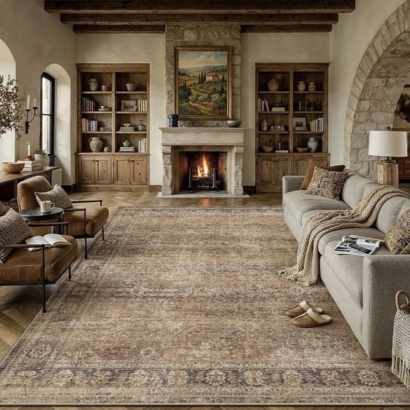 BERTHMEER 5'x7' Area Rugs for Living Room Bedroom Dining Room Kitchen Brown Rugs Non Slip Washable Farmhouse Office Oriental Vintage Distressed Rugs Carpets