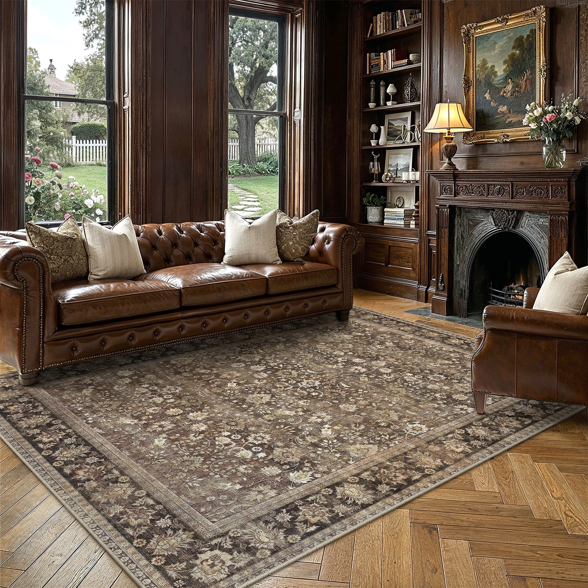 berthmeer 5'x7' area rugs for living room bedroom dining room office oriental floral vintage farmhouse machine washable non-slip traditional distressed softer carpets, brown