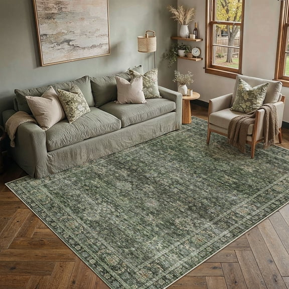 BERTHMEER 5'x7' Area Rugs for Living Room Bedroom Dining Room Office Oriental Vintage Farmhouse Machine Washable Non-slip Traditional Distressed Carpets Rugs, Green