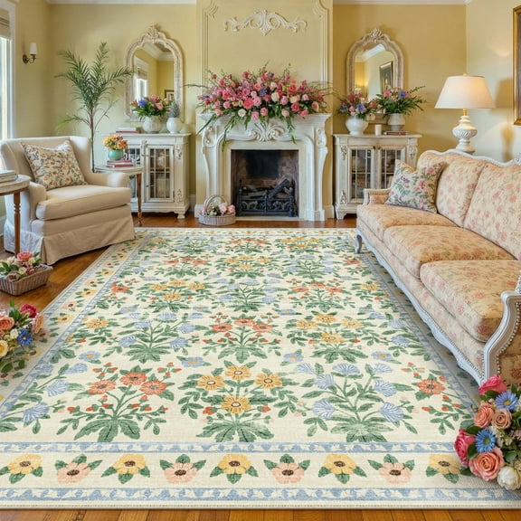BERTHMEER 5'x7' Floral Area Rugs for Living Room Bedroom Kitchen Rugs Non Slip Washable Vintage Oriental Flower Print Dorm Office Dining Room Beige Throw Rugs