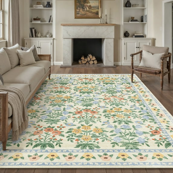 BERTHMEER 5'x7' Floral Area Rugs for Living Room Bedroom Kitchen Rugs Non Slip Washable Vintage Oriental Flower Print Dorm Office Dining Room Beige Throw Rugs
