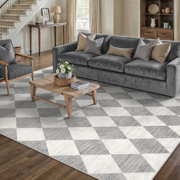 BERTHMEER 5'x7' Area Rugs for Living Room Bedroom Kitchen Rugs Washable Non Slip Geometric Rhombus Checkered Contemporary Office Dining Room Farmhouse Rugs Carpets,Gray