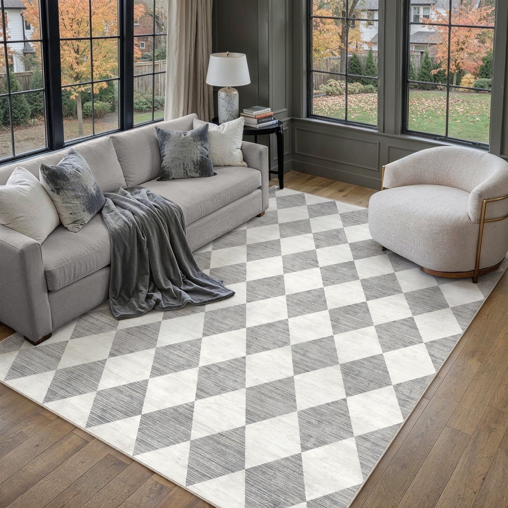 berthmeer 5'x7' area rugs for living room bedroom kitchen rugs washable non slip geometric rhombus checkered contemporary office dining room farmhouse rugs carpets,gray