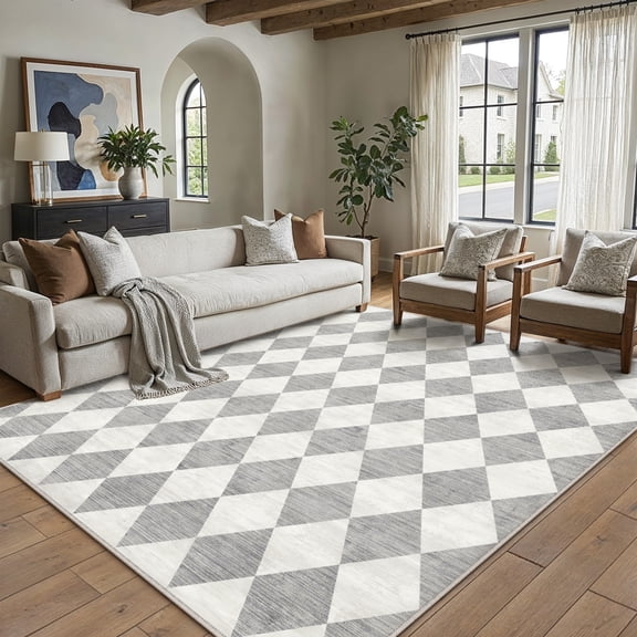 BERTHMEER 5'x7' Area Rugs for Living Room Bedroom Kitchen Rugs Washable Non Slip Geometric Rhombus Checkered Contemporary Office Dining Room Farmhouse Rugs Carpets,Gray