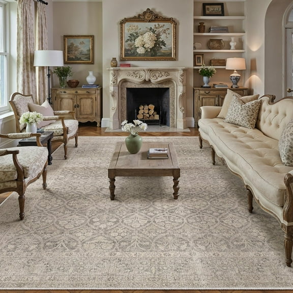 BERTHMEER 5'x7' Area Rugs for Living Room Bedroom Kitchen Traditional Rugs Non Slip Washable Dorm Office Oriental Dining Room Distressed Throw Rugs Carpets,Beige