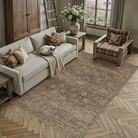 BERTHMEER 5'x7' Area Rugs for Living Room Bedroom Kitchen Traditional Rugs Vintage Non Slip Washable Dorm Office Oriental Dining Room Floral Rugs Carpets,Golden Brown