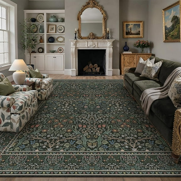 BERTHMEER 5'x7' Area Rugs for Living Room Bedroom Office Dining Room Farmhouse Large Rugs Vintage Oriental Traditional Distressed Non Slip Washable Rugs Carpets,Deep Green