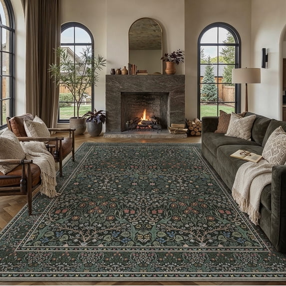 BERTHMEER 5'x7' Area Rugs for Living Room Bedroom Office Dining Room Farmhouse Vintage Oriental Floral Traditional Distressed Non Slip Washable Rugs Carpets, Deep Green