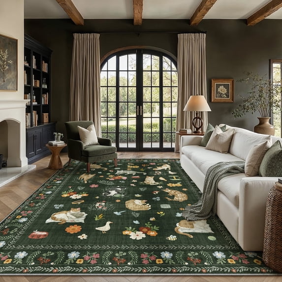 BERTHMEER 5'x7' Area Rugs for Living Room Dark Green Cat Pattern Rugs for Bedroom Modern Kitchen Non Slip Washable Contemporary Floral Carpets Home Office Dorm Dining Room Throw Rugs