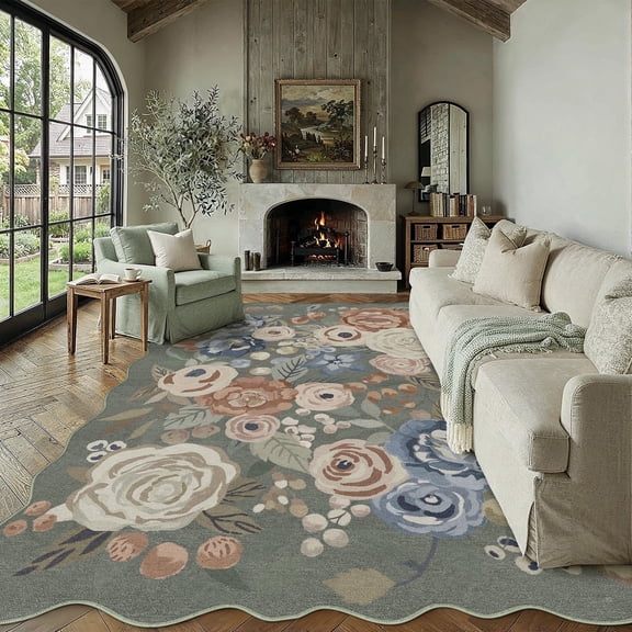 BERTHMEER 5'x7' Scalloped Area Rugs for Living Room Floral Vintage Rugs for Bedroom Farmhouse Non Slip Washable Sage Green Watercolor Roses Carpets OrangeDusty Blue Flower Office Dorm Throw Rugs
