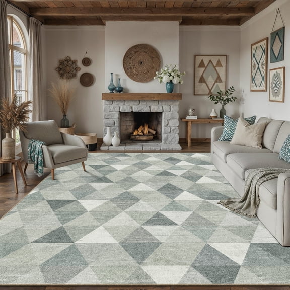 BERTHMEER 5'x7' Area Rugs for Living Room Gray and Green Geometric Rugs for Bedroom Modern Kitchen Non Slip Washable Contemporary Carpets Home Office Dorm Dining Room Checkered Pattern Throw Rugs