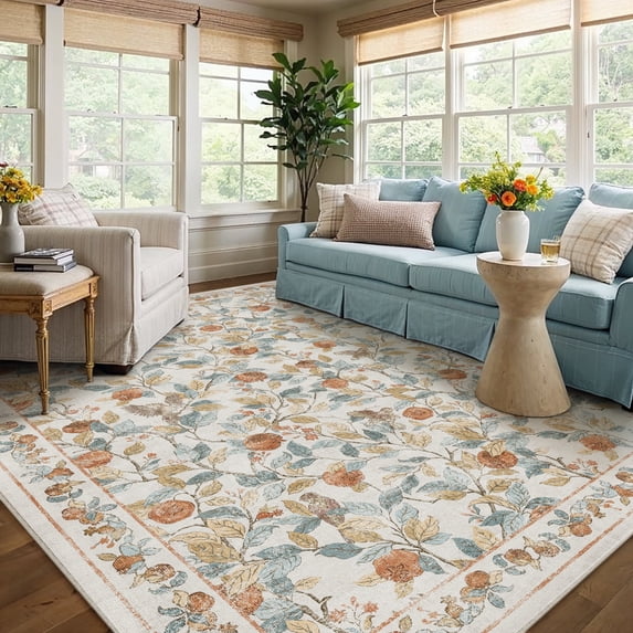 BERTHMEER 5'x7' Area Rugs for Living Room Rugs for Bedroom Kitchen Carpets Non Slip Washable Floral Vintage Beige Oriental Flower Office Dorm Dining Room Throw Rugs, Multicolor
