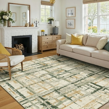 BERTHMEER 5'x7' Area Rugs for Living Room Kitchen Bedroom Rugs Non Slip Washable Plaid Abstract Beige and Green Checkered Pattern Modern Carpets Contemporary Office Dorm Dining Room Throw Rugs