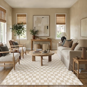 BERTHMEER 5'x7' Area Rugs for Living Room Modern Checkered Plaid Rugs Soft Faux Wool Bedroom Office Dining Room Farmhouse Geometric Contemporary Washable Non Slip Rugs Carpets, Beige