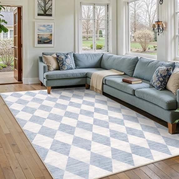 BERTHMEER 5'x7' Area Rugs for Living Room Modern Rhombus Checkered Rugs Bedroom Office Dining Room Farmhouse Geometric Contemporary Washable Non Slip Blue Rugs Carpets, Light Blue