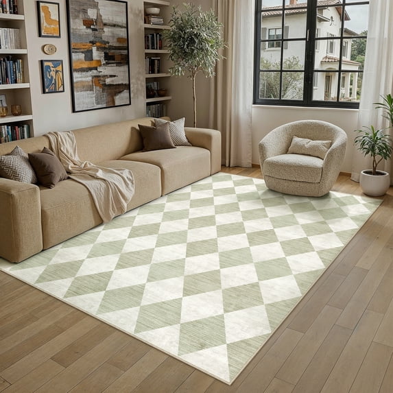 BERTHMEER 5'x7' Area Rugs for Living Room Modern Rhombus Checkered Rugs Bedroom Office Dining Room Farmhouse Geometric Contemporary Washable Non Slip Green Rugs Carpets, Light Green