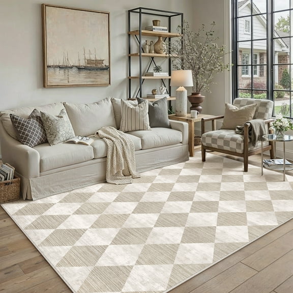 BERTHMEER 5'x7' Area Rugs for Living Room Modern Rhombus Checkered Rugs Bedroom Office Dining Room Farmhouse Geometric Contemporary Washable Non Slip Rugs Carpets,Beige
