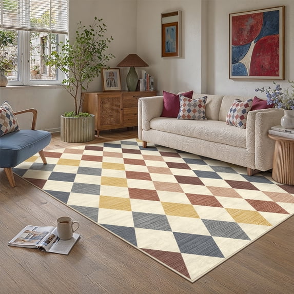 BERTHMEER 5'x7' Area Rugs for Living Room Modern Rhombus Checkered Rugs Bedroom Office Dining Room Farmhouse Geometric Contemporary Washable Non Slip Rugs Carpets, Colorful