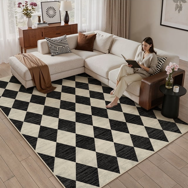 BERTHMEER 5'x7' Area Rugs for Living Room Modern Rhombus Checkered Rugs Bedroom Office Dining Room Farmhouse Geometric Contemporary Washable Non Slip Rugs Carpets, Black & Beige