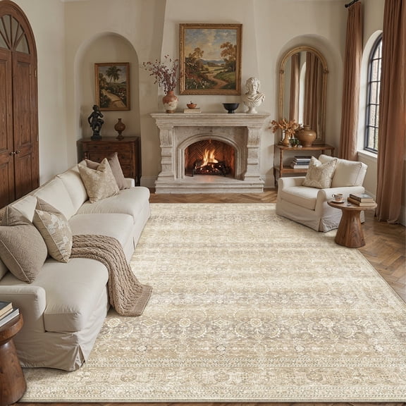 BERTHMEER 5'x7' Area Rugs for Living Room Rug for Bedroom Kitchen Non Slip Washable Vintage Beige Carpets Oriental Distressed Office Dorm Dining Room Traditional Distressed Throw Rugs