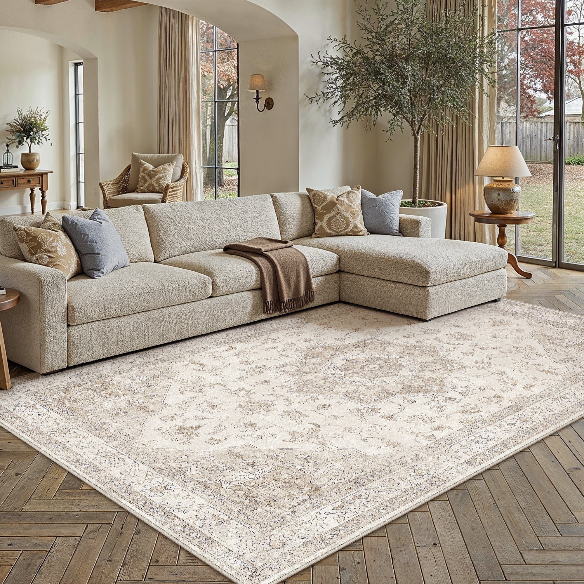 berthmeer 5'x7' area rugs for living room rug for bedroom kitchen non slip washable vintage beige and tawny carpets oriental distressed office dorm dining room traditional distressed throw rugs
