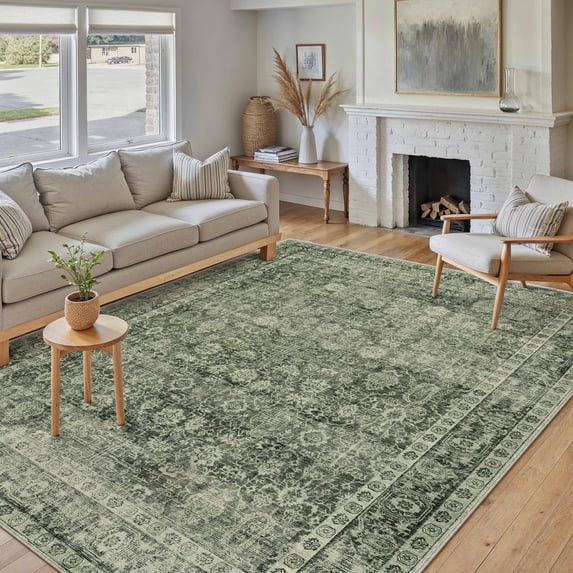 BERTHMEER 5'x7' Area Rugs for Living Room Rug for Bedroom Kitchen Non Slip Washable Vintage Green Carpets Oriental Distressed Office Dorm Dining Room Traditional Distressed Throw Rugs