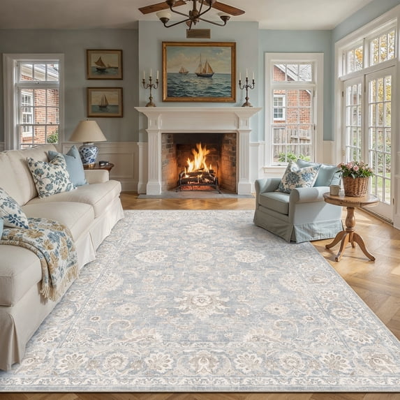 BERTHMEER 5'x7' Area Rugs for Living Room Vintage Blue Rugs for Bedroom Kitchen Non Slip Washable Carpets Oriental Distressed Home Office Dorm Dining Room Traditional Distressed Throw Rugs