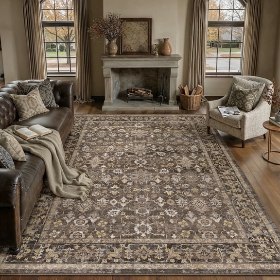 BERTHMEER 5'x7' Area Rugs for Living Room Vintage Brown Rugs for Bedroom Kitchen Non Slip Washable Carpets Oriental Distressed Home Office Dorm Dining Room Traditional Distressed Throw Rugs