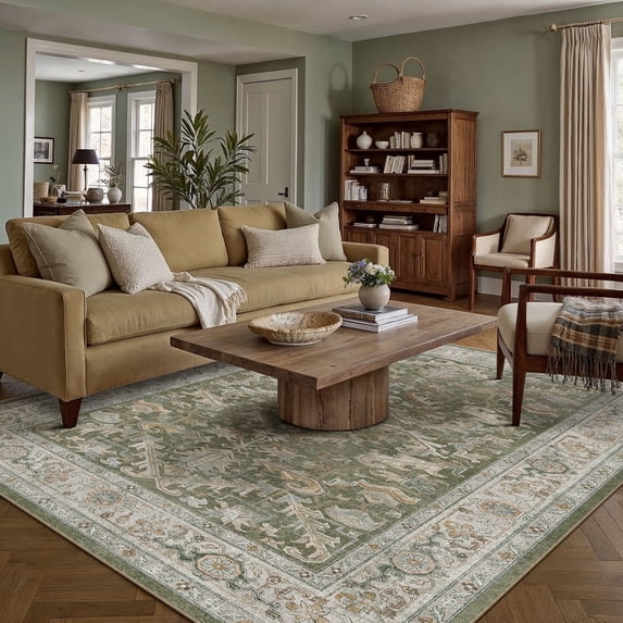 BERTHMEER 5'x7' Area Rugs for Living Room Vintage Green Rugs for Bedroom Kitchen Non Slip Washable Carpets Oriental Distressed Home Office Dorm Dining Room Traditional Distressed Throw Rugs